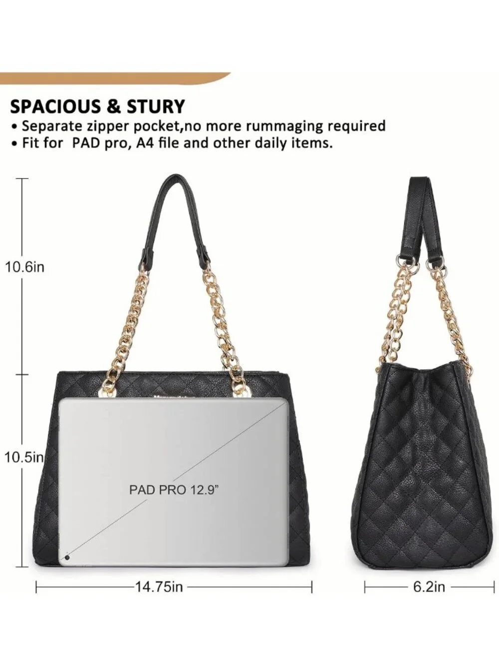 Quilted Medium Tote Bag for Women | Stylish Chain Shoulder Handbag Purse